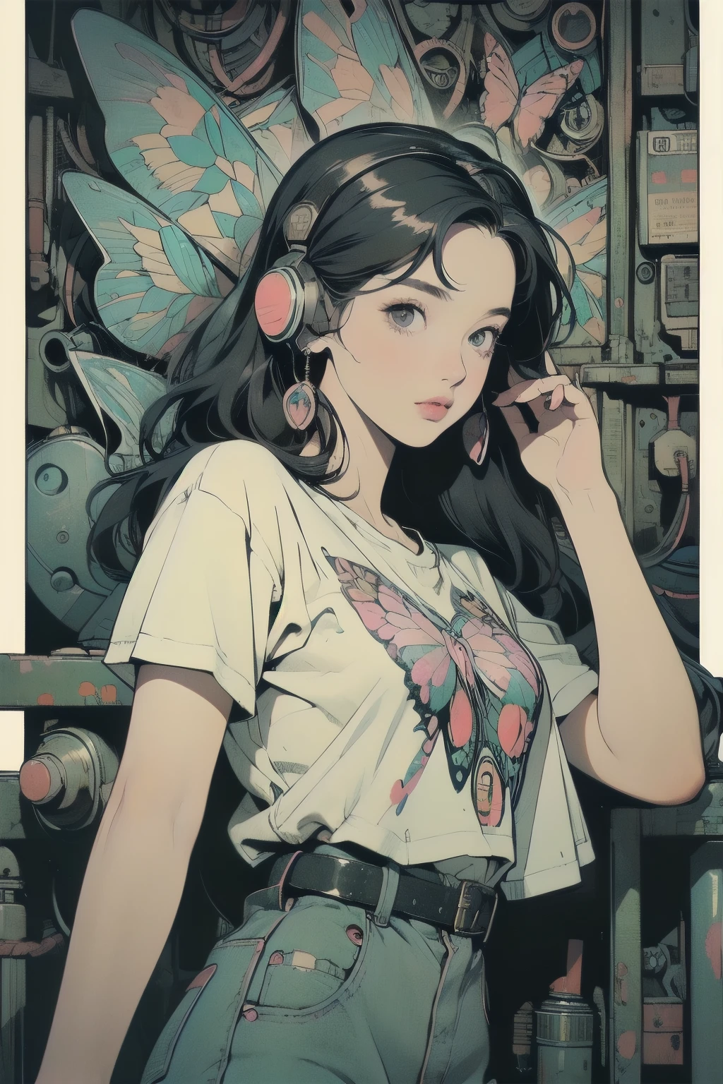 (((masterpiece, Highest quality)))、(((32K Wallpapers)))、The most detailed machine、((Outdated machinery and a woman)))、The most detailed background、(((Flat Chest)))、(((Surrounded by many complex, sophisticated, Outdated machinery)))、Upper Body、 (One person:1.2), ((((Model Pose))))、((Monochrome))、perfect headphones、(((Perfect Face)))、(((The most complete Outdated machinery)))、Detailed Hair、Short sleeve white T-shirt、Colorful hair color、(((Mechanical Butterfly))), (((Lots of cables)))