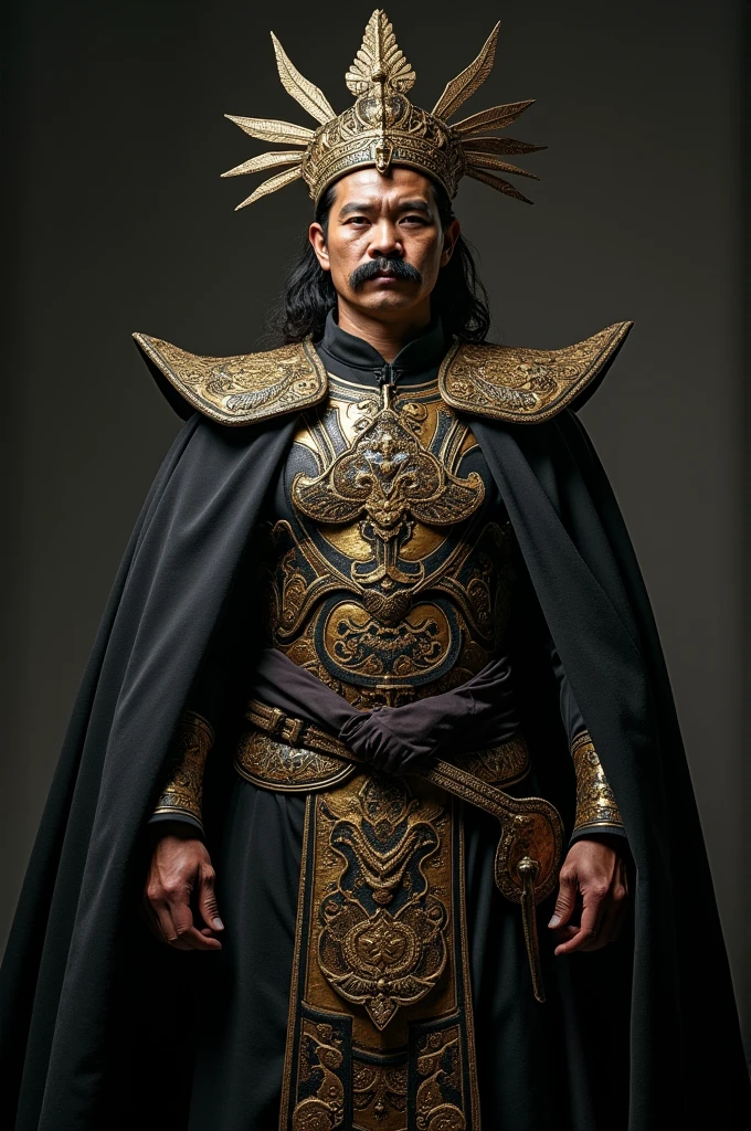 Gatotkaca photography with a bushy mustache, 2, wearing a black steel war robe with golden motifs and a war crown