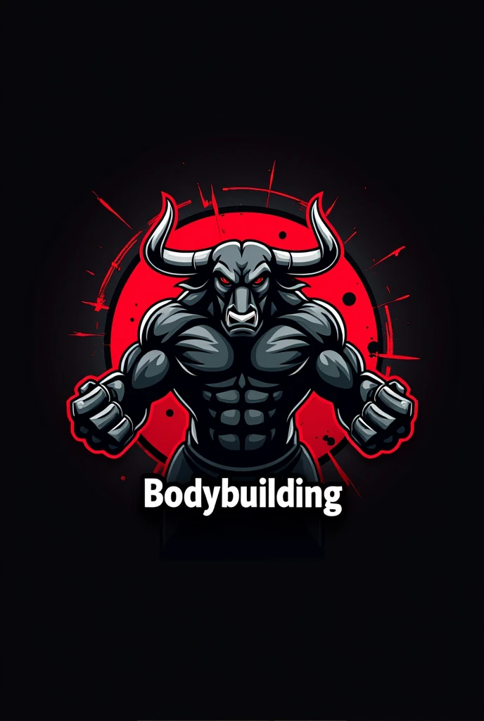 Design a powerful and dynamic logo for a bodybuilding brand featuring a strong, muscular bull as the central figure, symbolizing strength, power, and determination. The bull should have well-defined muscles, with a stance that conveys energy and dominance, embodying the essence of bodybuilding. Use sharp, angular lines to emphasize the bull's muscular build and add a sense of intensity. Incorporate bold, dark tones like black, deep red, or metallic gray to create a fierce and commanding presence. The logo should include the word 'BODYBUILDING' in a bold, modern font that complements the aggressive and energetic vibe of the design.