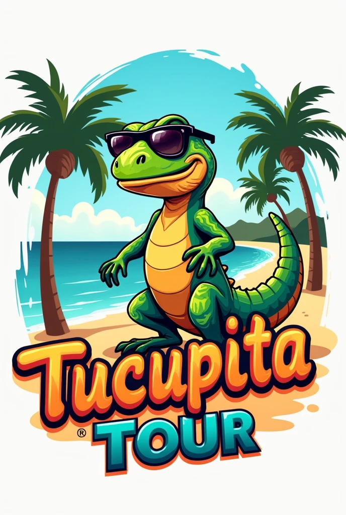 LOGO VECTORS OF A HAPPY IGUANA WITH DARK GLASSES READY TO HAVE A GOOD TIME ON THE BEACH WITH THE TITLE TUCUPITA TOUR