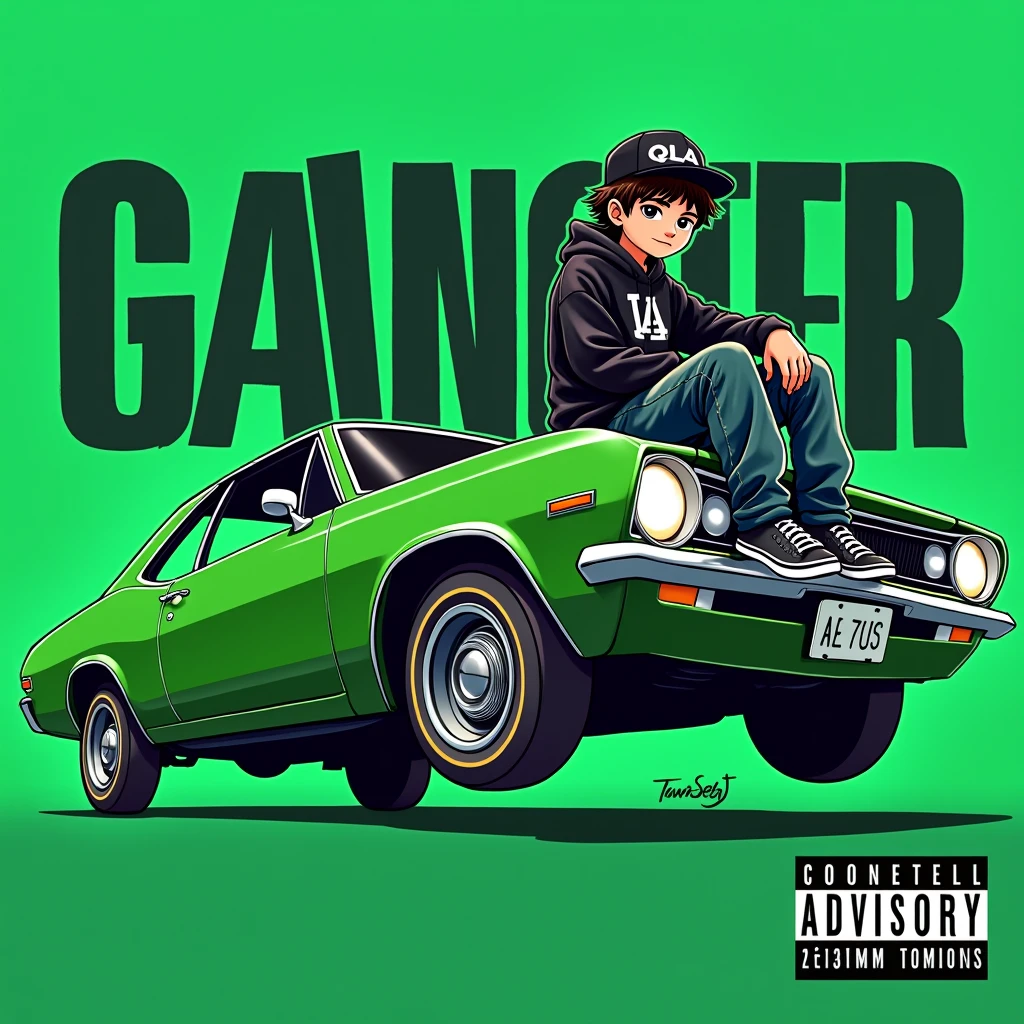Image of a man sitting on the bonnet of a car, Yoshihiko Wada's album cover, winner of the behance contest, Doodle, official artwork, rap album cover, hip - hop album art cover, colored album art, hip hop music album cover, rap album cover art, official fanart, GTA Cover, hip hop album cover, album art cover, G-FUNK Hip Hop album cover, green background, green car, with the words If WONA behemes a gangster on the back of the picture, an Asian teenager wearing a black LA hoodie, a black LA ball cap with a deep press and a wide pair of jeans down, a troublemaker boy sits on the bonnet of a car and lets the car out to the side