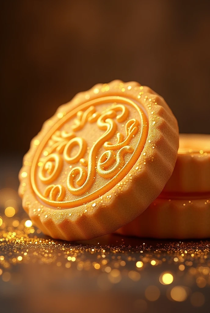 a golden cookie with sparkles, symbolizing the quality and special touch that our cookies bring to our customers' moments. The predominant colors would be golden and brown tones., that evoke warmth and flavor.
that says with a typography that is attractive to the public special cookies