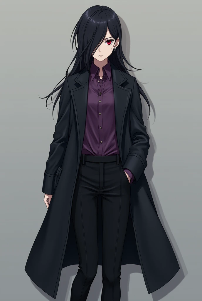 More mature anime style image. A gray background image. A teenager with long, loose black hair with side bangs, red eyes, piercings in both ears and a serious expression, wore a long-sleeved purple blouse and a black overcoat on top, black pants under black boots. .
