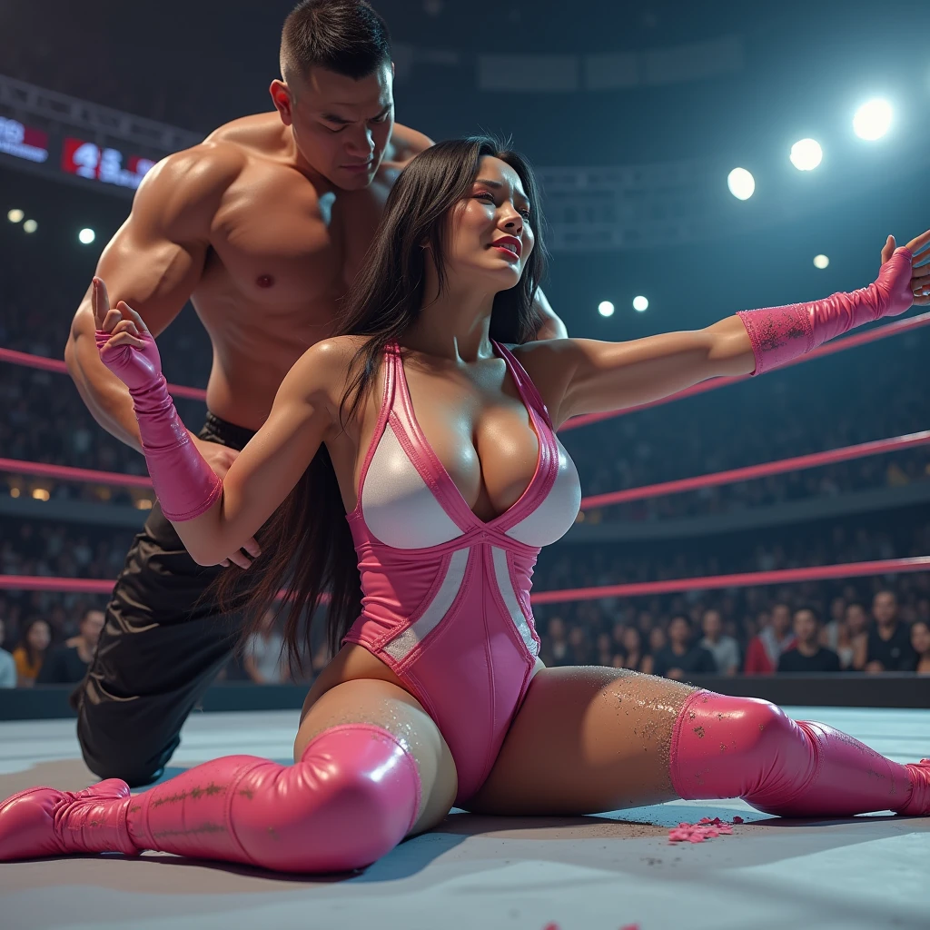 Browsing Caution,(8k, Realistic, RAW Photos,pov shot,Highest quality: 1.4),I am a big male wrestler who competes against female athletes in professional wrestling.She is slim, busty japanese lady.Shiny long hair.The shiny pink and white lace-up leotard accentuates her ample bustline.she is lying down on the ground and shom armpits.I sit on her top and face to face.(I straddle her and presses my crotch against her:1.5).((I squeeze her crotch and breast with my hand:1.5)).(She is screaming in extreme pain), Severe pain.(Her leotard is badly torn:1.5).(large amount of cum on her face).