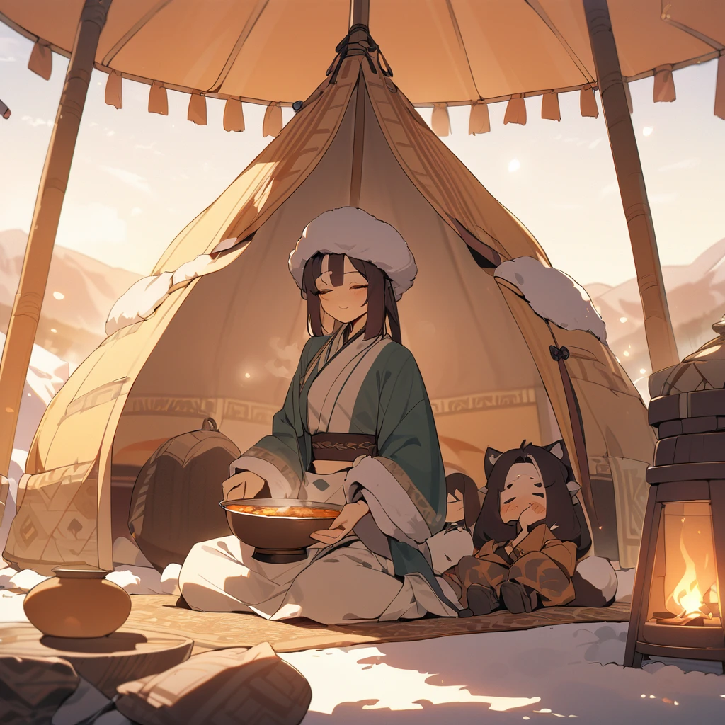 ((amazing quality, great quality, top quality, very aesthetic, aesthetic, best quality)),A warm-toned, pastel-style illustration depicting a cozy scene inside a traditional Mongolian yurt. Two oldman and yung Family with sun-kissed faces are sitting around a steaming bowl of soup. They are wearing loose-fitting, traditional Mongolian attire that reveals their midriffs.have gentle smiles, radiating warmth and comfort within the nomadic tent, or 'ger.' The overall atmosphere is one of familial bond and cultural richness.A fur rug on the ground