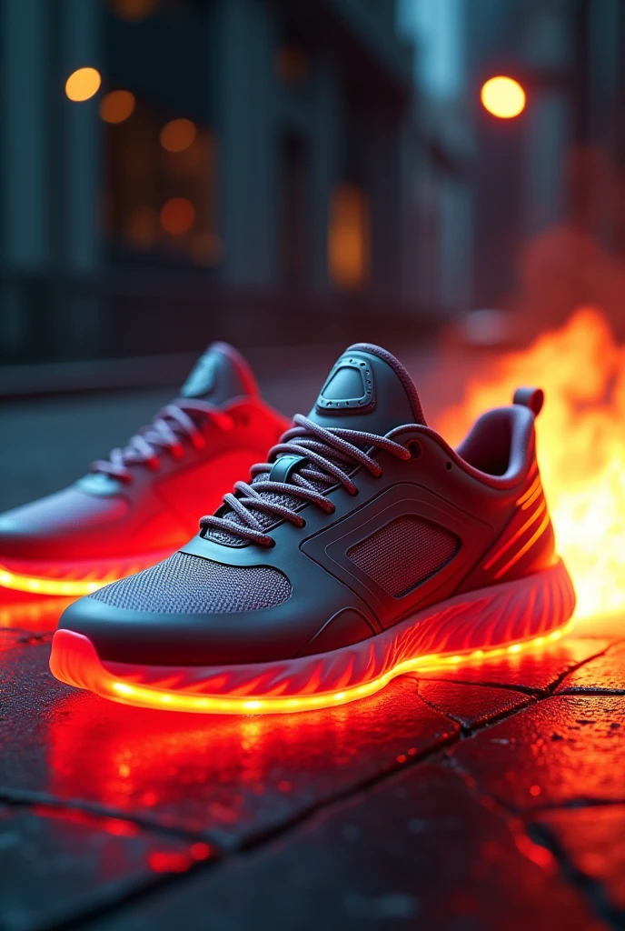 12-spring sneakers with a red light underneath, and fire coming out behind the tennis shoe