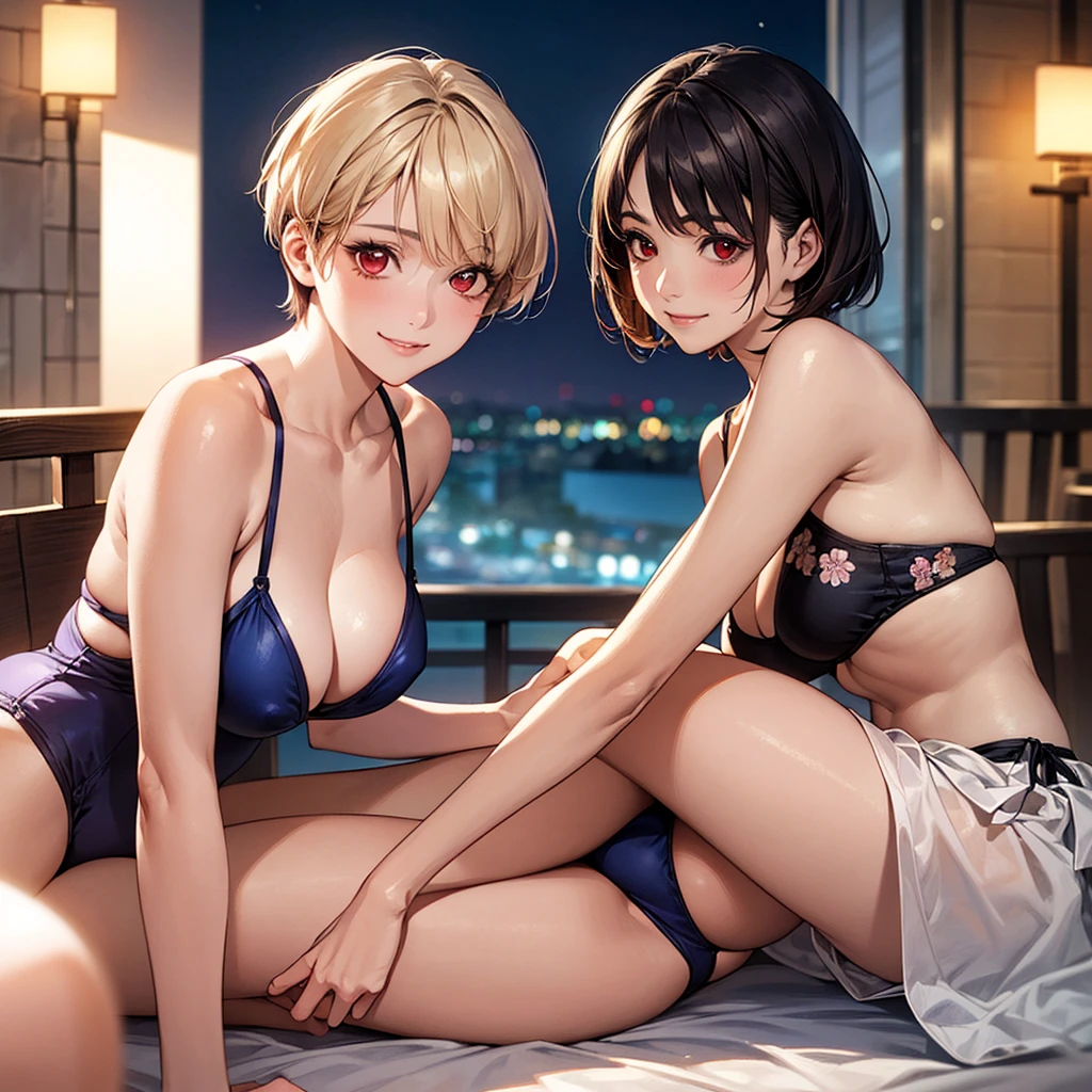 (masterpiece:1.2, Highest quality), (Realistic, photoRealistic:1.4), Beautiful illustrations, (Natural Side Lighting, Cinema Lighting),
View your audience, Upper Body, (Front view), 1 person, Japanese, high school girl, Perfect Face, Glowing Skin, Baby Face,
(short hair:1.5, Pixie Cut:1.4, blonde), Pin your bangs in place, Red eyes, Long eyelashes, (Large Breasts:0.6),
Beautiful Hair, Beautiful Face, Beautiful attention to detail, Beautiful clavicle, Beautiful body, Beautiful breasts, Beautiful thighs, Beautiful legs, Beautiful fingers,
(Swimwear),
(Beautiful views), night,Hotel Rooms, Spread your legs, (Cute Smile, Upward glance), Background Blur,