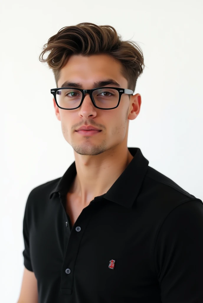 Handsome man, wearing black polo shirt, new cut hair, indoors, white background, wearing glasses, animated, 23 year old, faded haircut