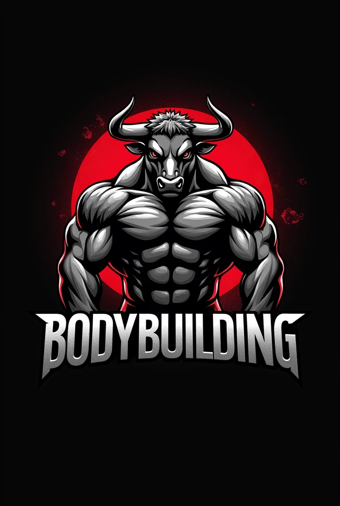 Design a powerful and dynamic logo for a bodybuilding brand featuring a strong, muscular bull as the central figure, symbolizing strength, power, and determination. The bull should have well-defined muscles, with a stance that conveys energy and dominance, embodying the essence of bodybuilding. Use sharp, angular lines to emphasize the bull's muscular build and add a sense of intensity. Incorporate bold, dark tones like black, deep red, or metallic gray to create a fierce and commanding presence. The logo should include the word 'BODYBUILDING' in a bold, modern font that complements the aggressive and energetic vibe of the design.