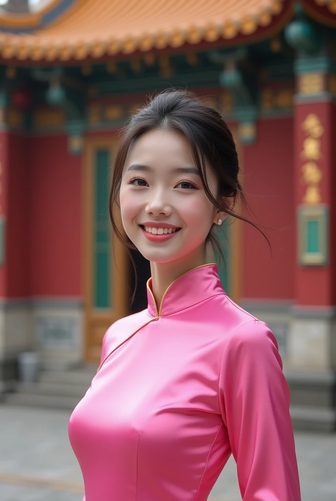 hyper realistic super detailed a very beautiful woman in a pink dress standing in front of a building Kingdom, VietNam woman, VietNam beautiful girl, a young asian woman, she smile very attractive, traditional VietNamese clothing, palace, a girl in Aodai, she looking cameraman, young asian woman, traditional VietNamese, VietNamese style, VietNamese costume, masterpiece, super sharp, super portrait, UHD, 18K