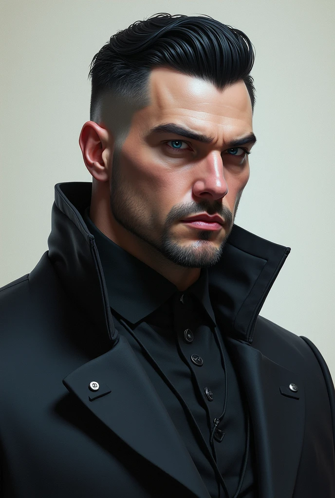 Create a realistic image of a man named Cyrus Voss Grimhart. He has an imposing and majestic appearance. His skin is fair and he has black hair, perfectly trimmed. Your eyes are an icy blue, penetrating and charged with a dominant coldness. Cyrus has a tall, athletic build., with a presence that exudes power and authority.