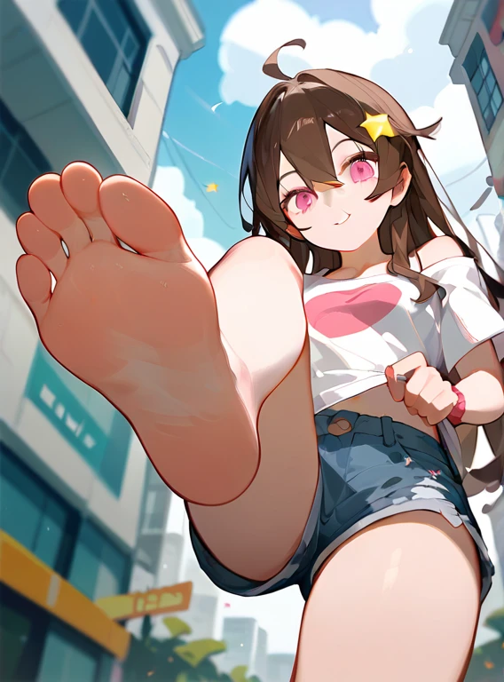 Fraction_9,Fraction_8_direction_7_up,1 girl,Showing a big foot,Lift one foot,One-leg stand,barefoot,Soles,Female Giant,Clear facial features,Lots of buildings around,Low Angle,Denim shorts,There are bangs between the eyes,Off-shoulder T-shirt,Long hair,Brown hair,There is a five-pointed star on the hair,Perfect feet,Pink Eyes,Many little people on the ground