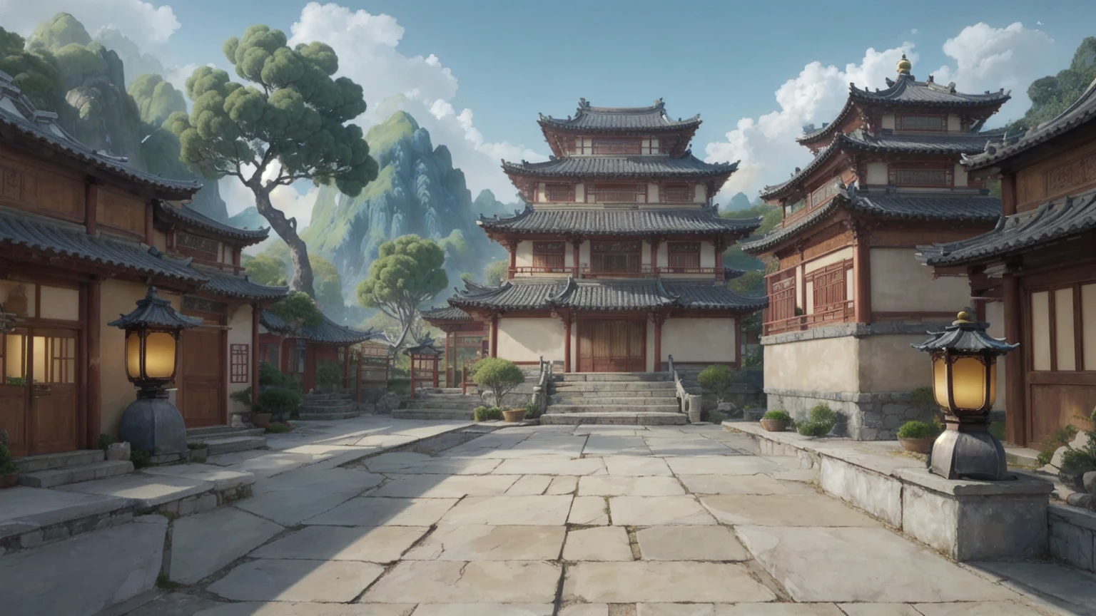 中国Ink画, masterpiece , best quality, Ink画,Guo Chao,Ink,cloud雾围绕着architecture,Ink画(Xianxia scene,Fantasy fairyland scene,Pavilions,architecture具有东南亚特色,cloud雾缭绕:1.5),outdoor,Sky,daytime,cloud,Tree,Blue sky,nobody,window,plant,architecture,landscape,lantern,stairs,Potted plants,architecture,东亚architecture,landscape