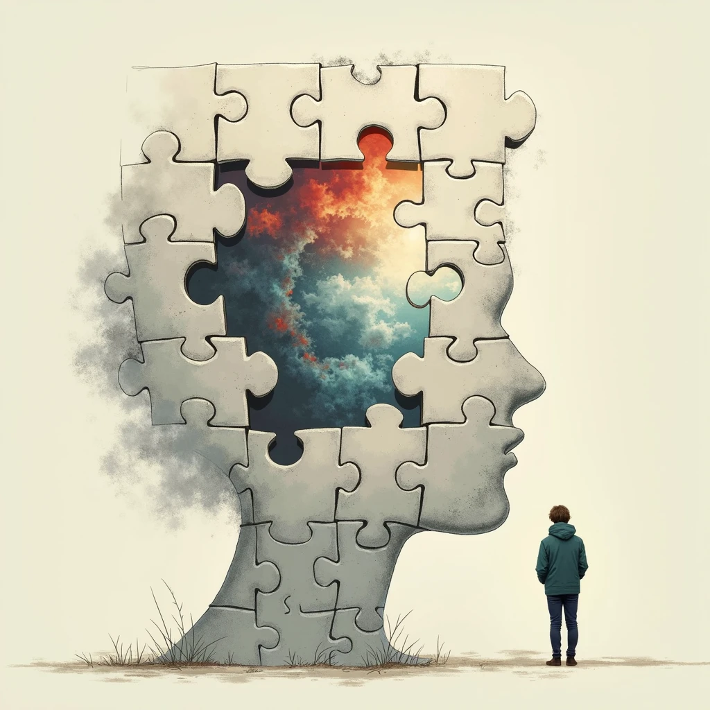 As more pieces fit into place, the puzzle transforms into a beautiful picture, representing the transformation of one's life, Illustration Drawing Stoicism
