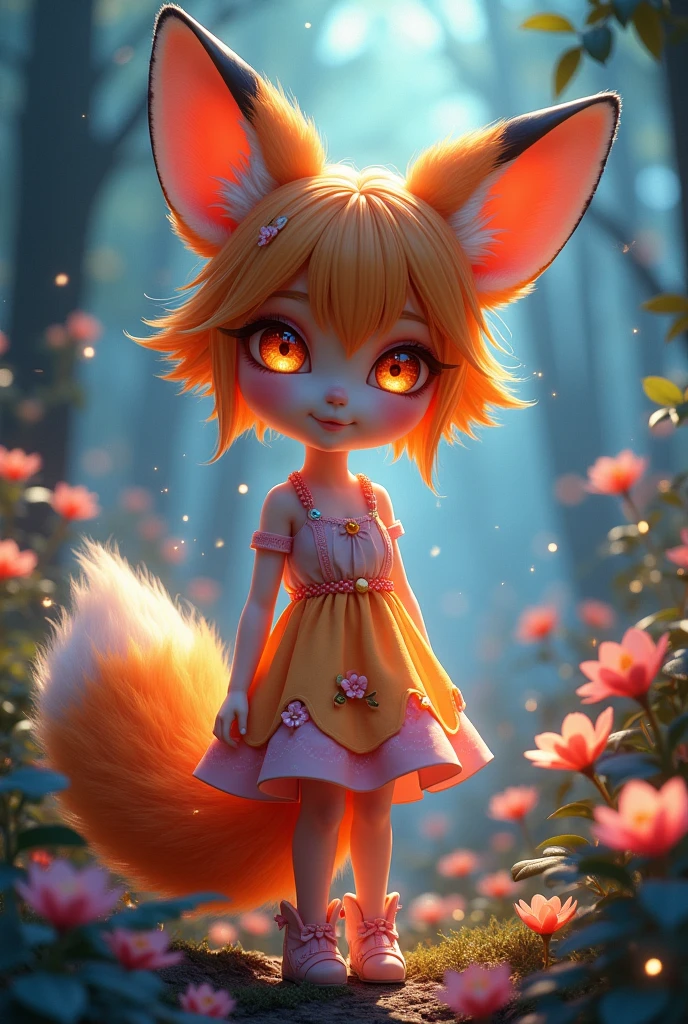 ultra-detailed, (detailed light:1.05), ((Very  9 year old girl, A little anatomy, Narrow waist)), ((Extreme Anatomy, Very young, Small)), Exposing shoulders, Cute Face, cute  Fox Girl, detailed background, detailed face, detailed eyes, senko san, Animal ears, Fox Ears, Fox Girl, fox tail, Hair Flower, hair ornaments, Orange eyes, Orange Hair, short hair, tail, Flat Chest, She&#39;s wearing cute thigh-high socks made of pixie-like material., beautiful silk. With soft skin、Her makeup is vibrant and sparkly.. The magical forest setting is dramatic, Filled with sparkling dust particles and magic, Luminous Flora, Create an over-the-top look, A fascinating scene, beautiful enchanting and alluring fairytale CGI. Ultra-high resolution, An absurd solution, Deep, vibrant, saturated colors, Stunning shadows. Daily Dream Punk with Glowing Skin, beautiful, Very cute and beautiful, Neon tights, colorful blue, green, purple, Bioluminescent, Three-part method, Golden Ratio, asymmetrical composition, Ultra Maximalist, Octane Rendering, Photorealism, Realism in film, Unreal Engine.