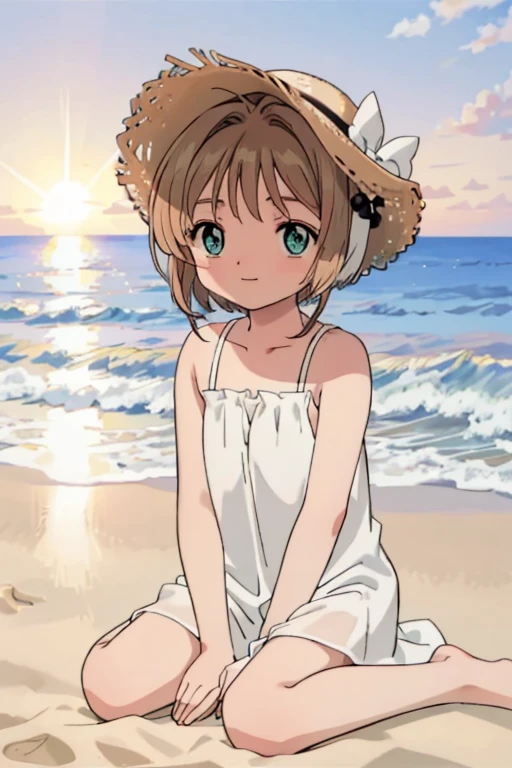 High resolution backgrounds,Beautiful background,anime, cute,Beach Sunset,The big sun setting on the horizon,9-year-old girl,White camisole dress,Chestnut Hair,Short Bob Hair,barefoot,Green Eyes,White straw hat,Lens flare,Sitting flat on the sand,smiling