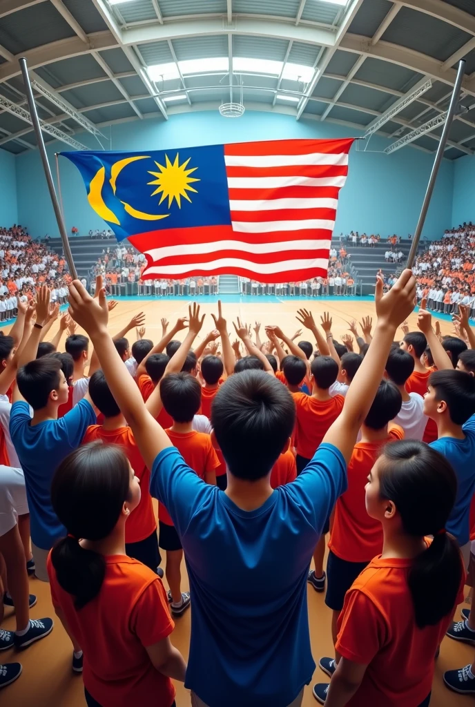 Generate a picture from the top of the stage,看学生们在体育馆内的Movie照片。Students celebrated the day by waving the Malaysian flag。Movie。The ratio must be 16:9