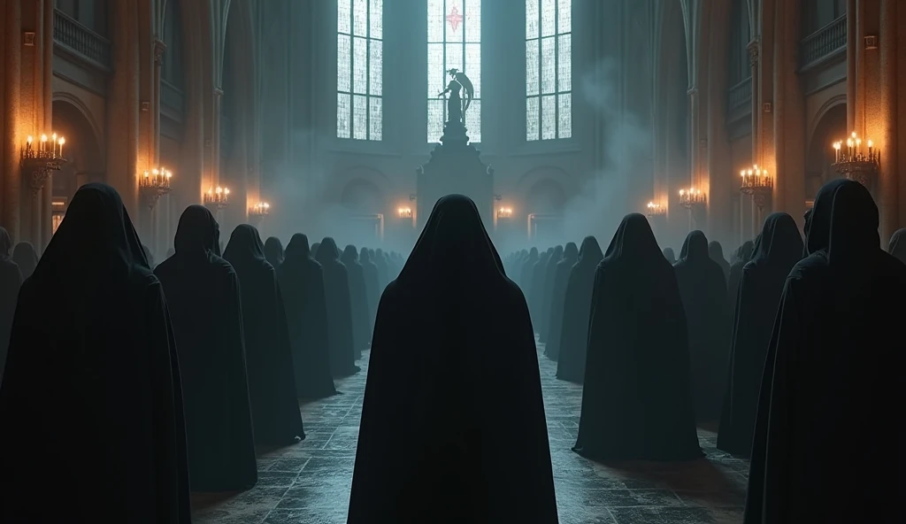 arafed image of a group of people in a church with candles, dark cinematic concept art, elegant cinematic fantasy art, photorealistic dark concept art, by Beeple, dark robes, wojtek fus, gothic epic library concept, gothic epic library, epic cinematic concept art, dark concept art, beeple and mike winkelmann, symmetrical epic fantasy art