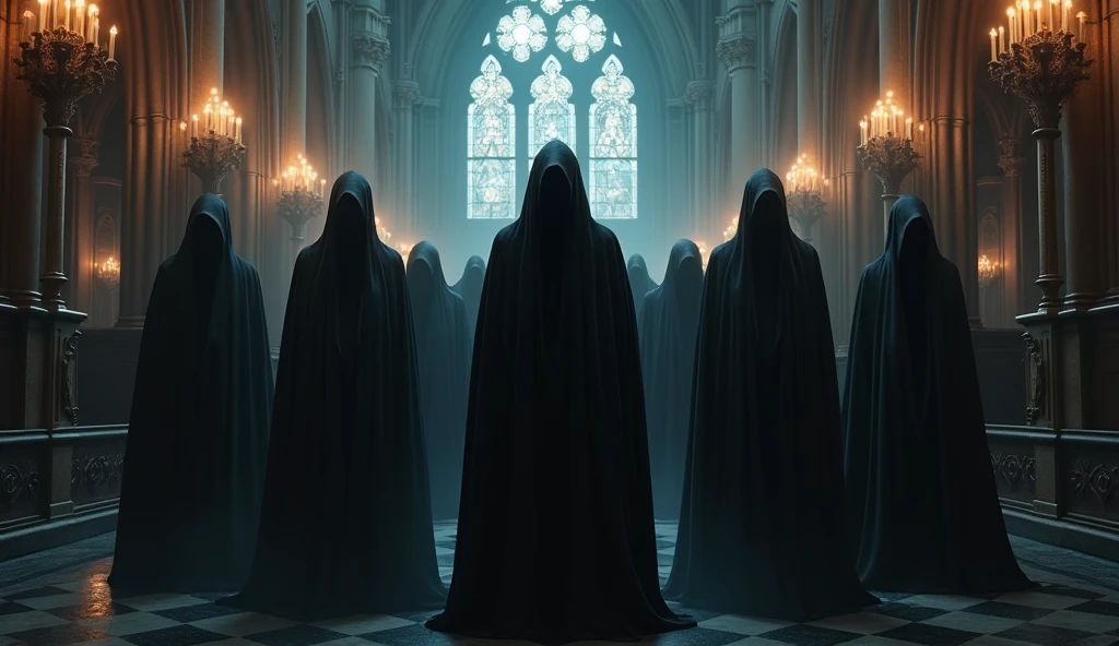 arafed image of a group of people in a church with candles, dark cinematic concept art, elegant cinematic fantasy art, photorealistic dark concept art, by Beeple, dark robes, wojtek fus, gothic epic library concept, gothic epic library, epic cinematic concept art, dark concept art, beeple and mike winkelmann, symmetrical epic fantasy art