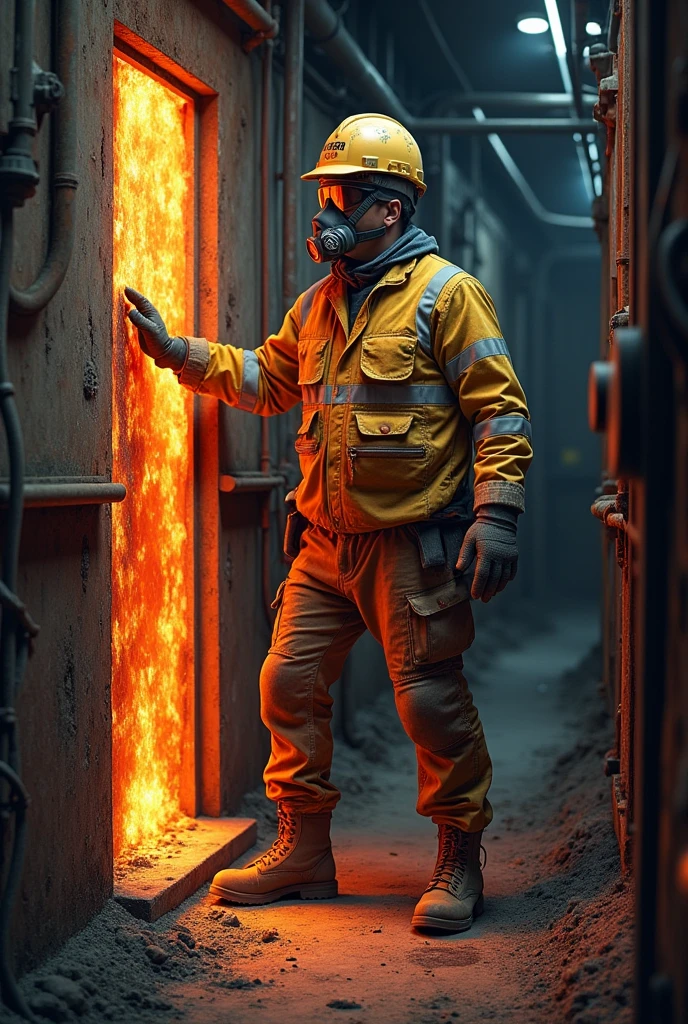 Generates an image of a miner inside an underground mine. The miner is wearing full protective equipment (hull, glasses, mask, reflective vest, gloves, Boots).
1. Driving: The miner is touching a metal wall or floor, and there should be an arrow showing the heat being transferred from the metal to the miner.
2. Convection: There is a fan or air current inside the mine, with an arrow showing the airflow towards the miner.
3. Radiation: A hotbed, such as a hot lamp or equipment, must radiate heat towards the miner, shown with arrows.
4. evaporation: The miner is sweating, and water vapor should be shown rising from their skin with an explanatory arrow."