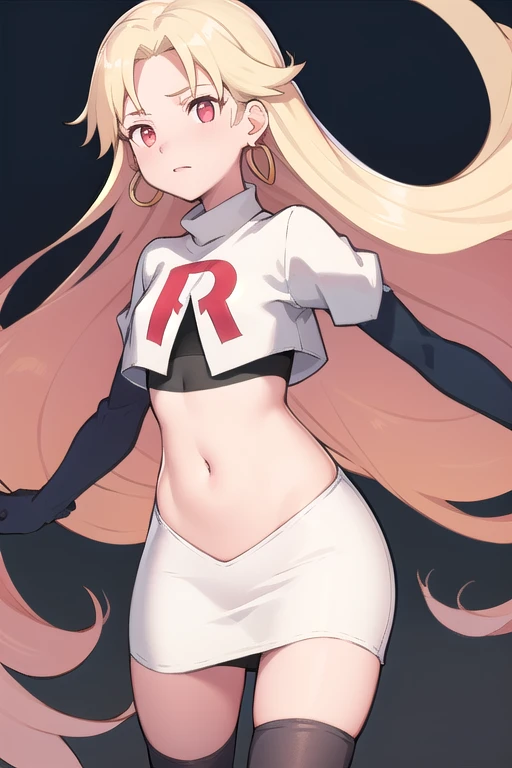 best quality, (masterpiece:1.2), illustration, absurdres,
(1girl, solo), (beautiful detailed girl), (cowboy shot),,
Roselia Millstein, blond hair, very long hair, red eyes, flat chest,
earrings, team rocket,team rocket uniform,white skirt,red letter R,crop top,black thigh-highs,black elbow gloves,