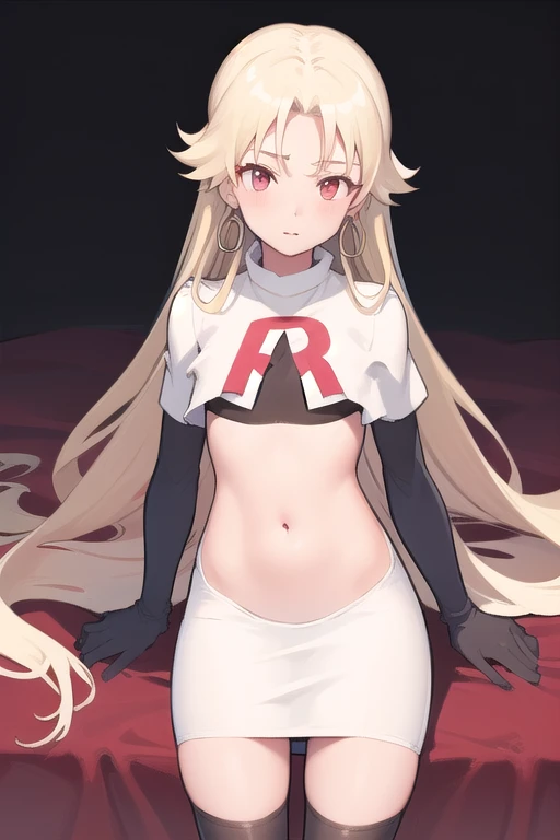 best quality, (masterpiece:1.2), illustration, absurdres,
(1girl, solo), (beautiful detailed girl), (cowboy shot),,
Roselia Millstein, blond hair, very long hair, red eyes, flat chest,
earrings, team rocket,team rocket uniform,white skirt,red letter R,crop top,black thigh-highs,black elbow gloves,
