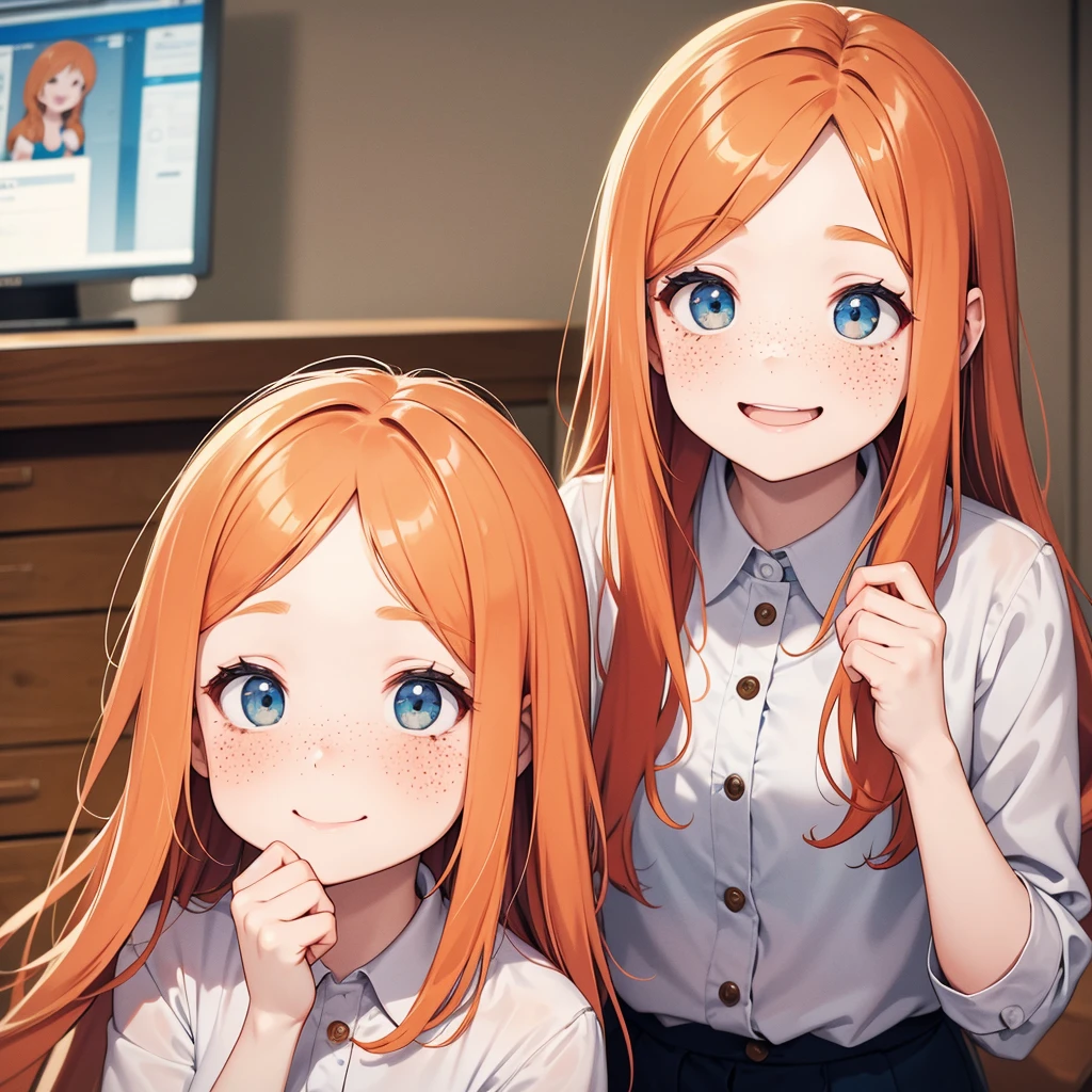 Super super happy and cute, With freckles and ginger hair, Holding her cheek