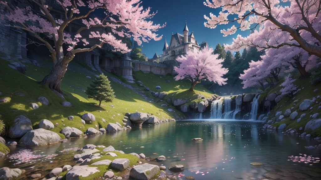 intricate cherry blossom tree,full moon,ancient castle,crystal lake,waterfall,detailed petals,(best quality,4k,8k,highres,masterpiece:1.2),ultra-detailed,(realistic,photorealistic,photo-realistic:1.37),fantasy landscape,lush foliage,dramatic lighting,vibrant colors