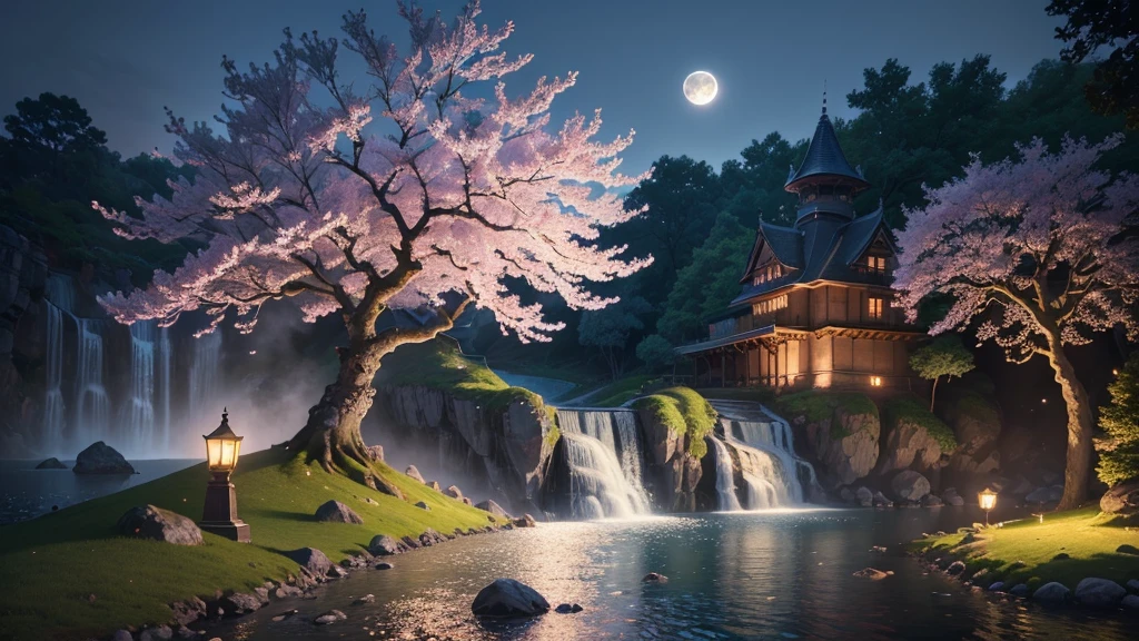 intricate cherry blossom tree,full moon,ancient castle,crystal lake,waterfall,detailed petals,(best quality,4k,8k,highres,masterpiece:1.2),ultra-detailed,(realistic,photorealistic,photo-realistic:1.37),fantasy landscape,lush foliage,dramatic lighting,vibrant colors