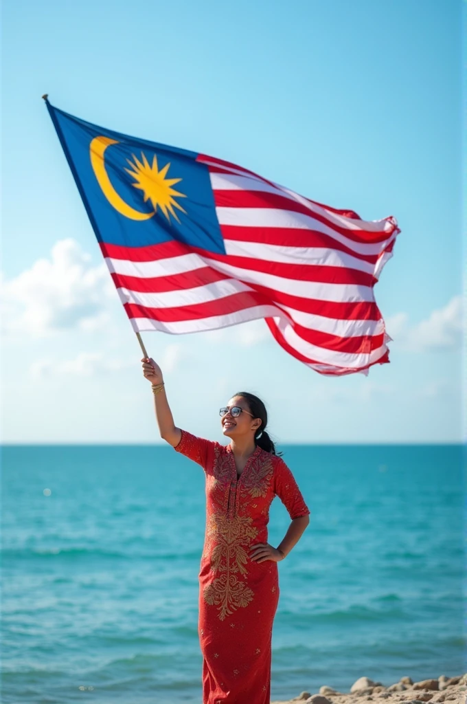 Holding the national flag at the seaside on Malaysia National Day