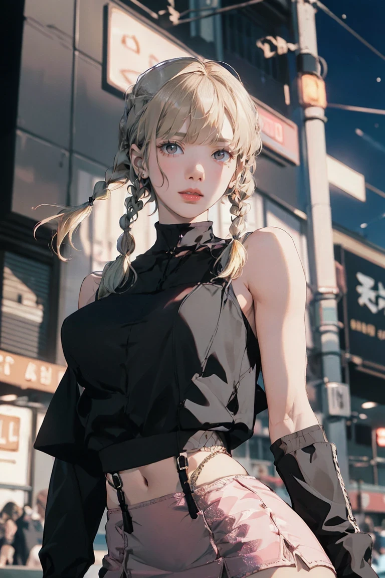 Large Breasts, 8k, masterpiece, RAW Photos, Highest quality, detailed:1.2),Realistic, extremely detaileded CG unity 8k wallpaper, Lens flare, (Very beautiful face, Beautiful red lips, Beautiful Eyes), intricate detailed face, ((ultra detaileded skin)), One person, cute, (Slim, toned and muscular body:1.3), (raced ドレス), (((city night, (Neon Signs), (night))), pantyhose, (((Blue eyes))), ((Upper Body Shot)), Very slim, ((((Blonde hair twin braids)))), (((Silver: pink: skirt dress: gloves race)))))), 3d, Rich colors, (Black Makeup:1.3), (race stockings with garters, cord trim, race), (Intricate detaileded multi-layer bodysiut lacy race-upp), neckrace, bracelet,NSFW