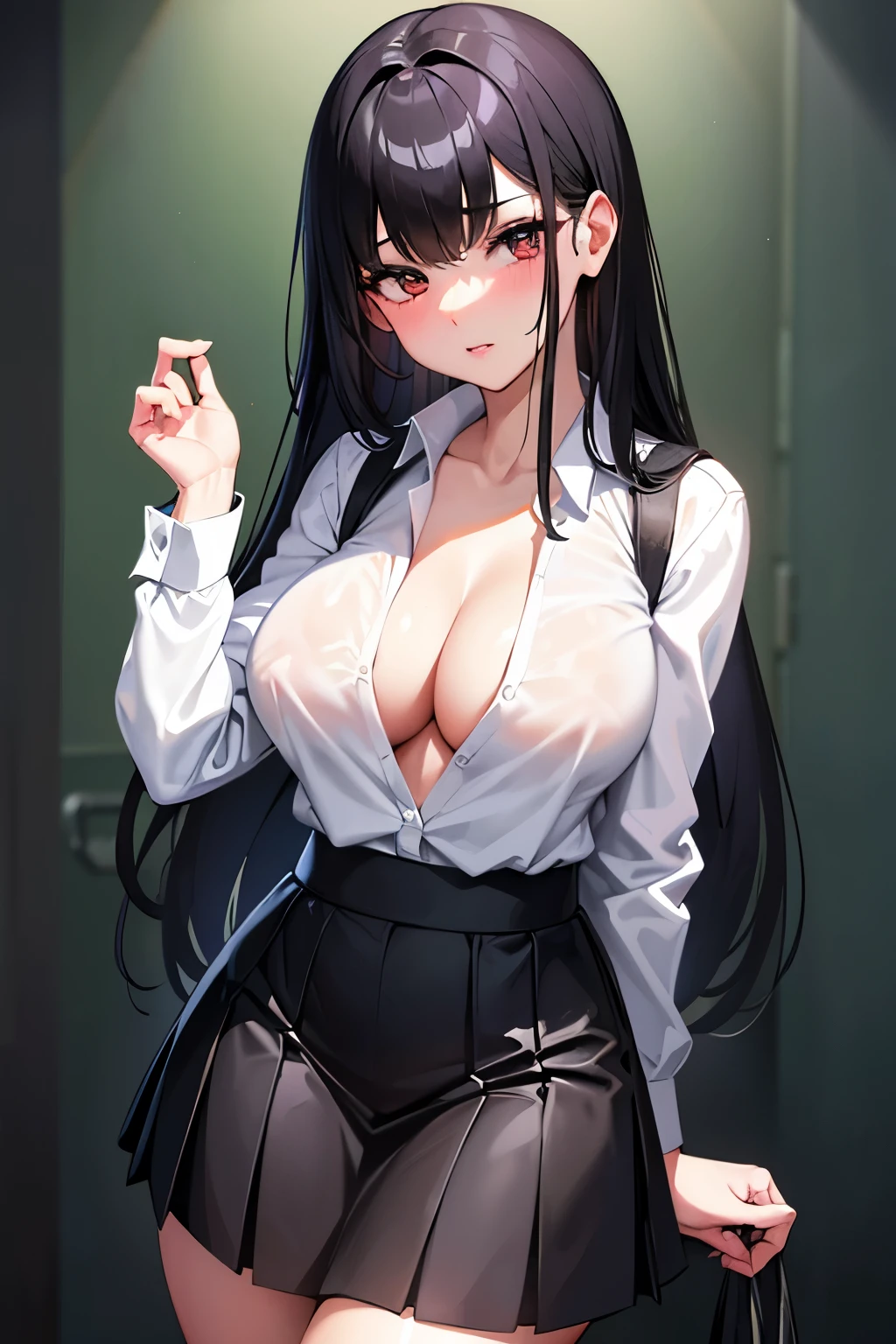 young school girl, black hair, bangs covering her forehead, white and smooth skin, sweet face, full lips, unbuttoned schoolgirl shirt, big and full breasts, short skirt, beautiful thighs, mischievous look , apparent tits