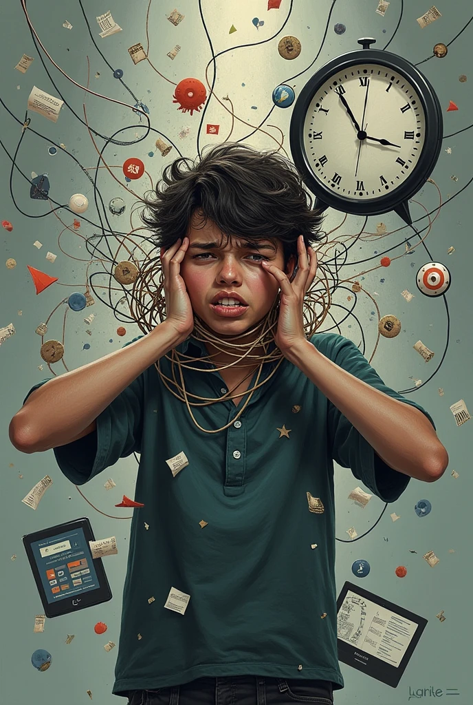 - **A young person**, tangled in of social media, clocks, and bills, showing frustration.