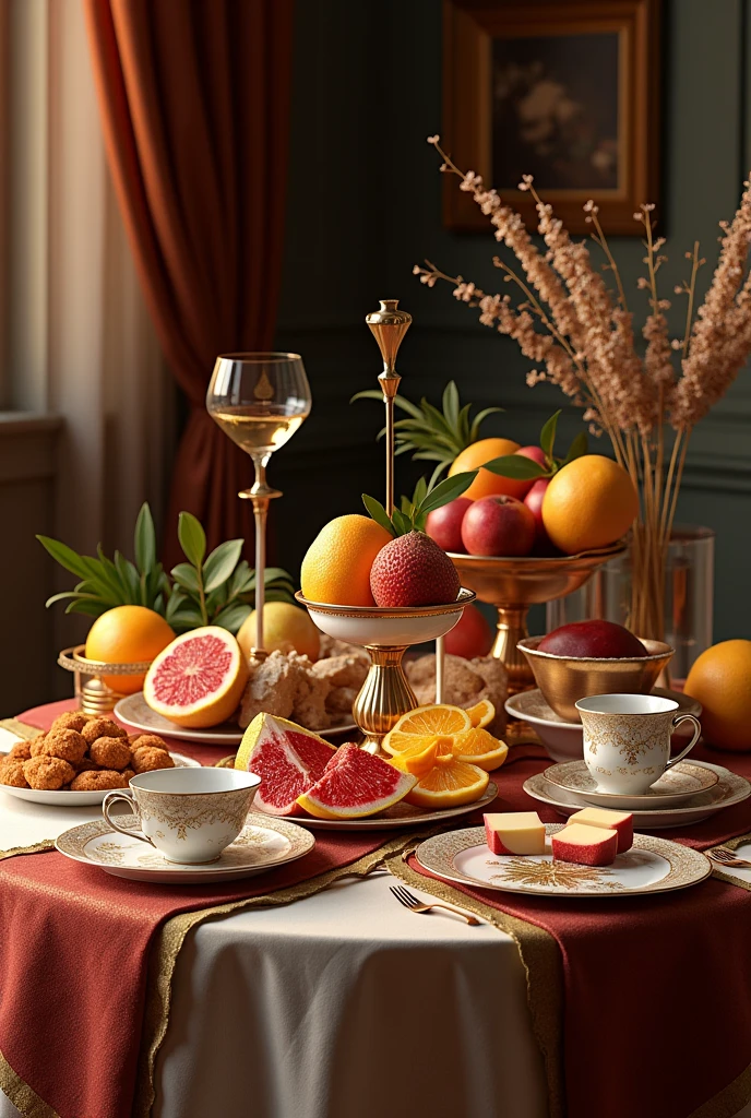 I want food and fruits placed on the table and there are cups, vases, bowls placed in 3D and with realistic distance  and there are luxurious tablecloths And less than this there is an artistic element.