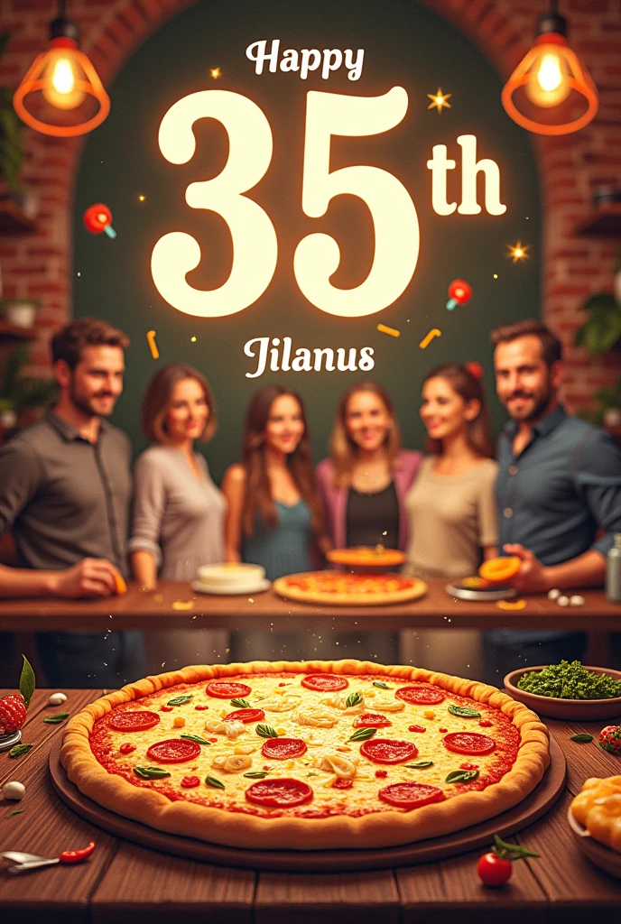 Create an invitation for my 35th birthday that will be celebrated at a pizzeria, use pizza images and inform the day and time ( September 1st from 6pm). Local: Pizzaria Pepper. 