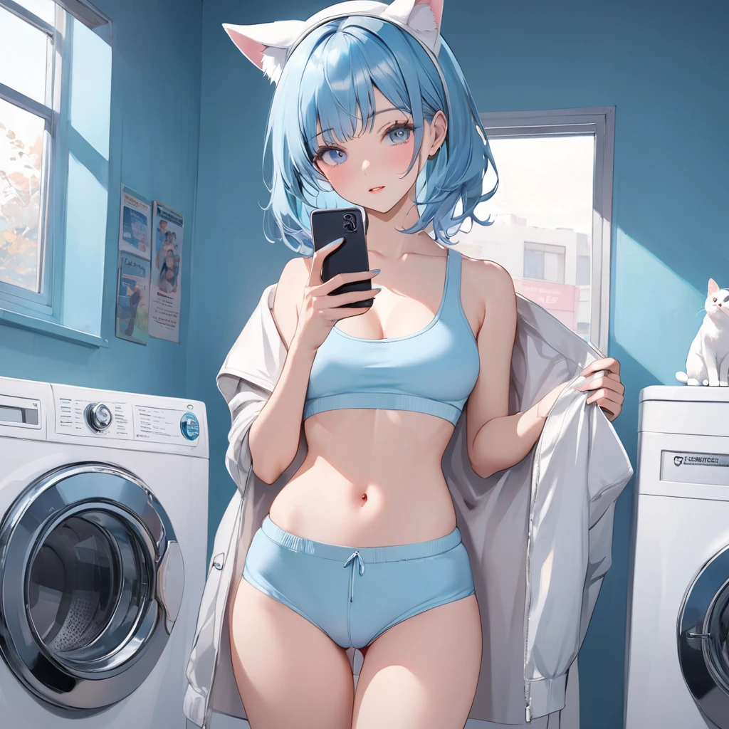 NSFW, (anime art),(masterpiece),(highest quality:1.2),((Perfect Anatomy)),(Perfect Fingers:1.3),(1 girl),(solo),(white hoodie costume:1.3),(put a hood on head:1.3),(white cat ears on hood:1.3),beautiful and detailed blue eyes,girl with a pretty face,pastel blue hair,(Hold a smartphone with one hand and operate it with one hand),(in retro laundromat),(retro blue washing machine),(pastel blue theme), (crop top) (stomach exposed) (pussy exposed) ,wide shot 