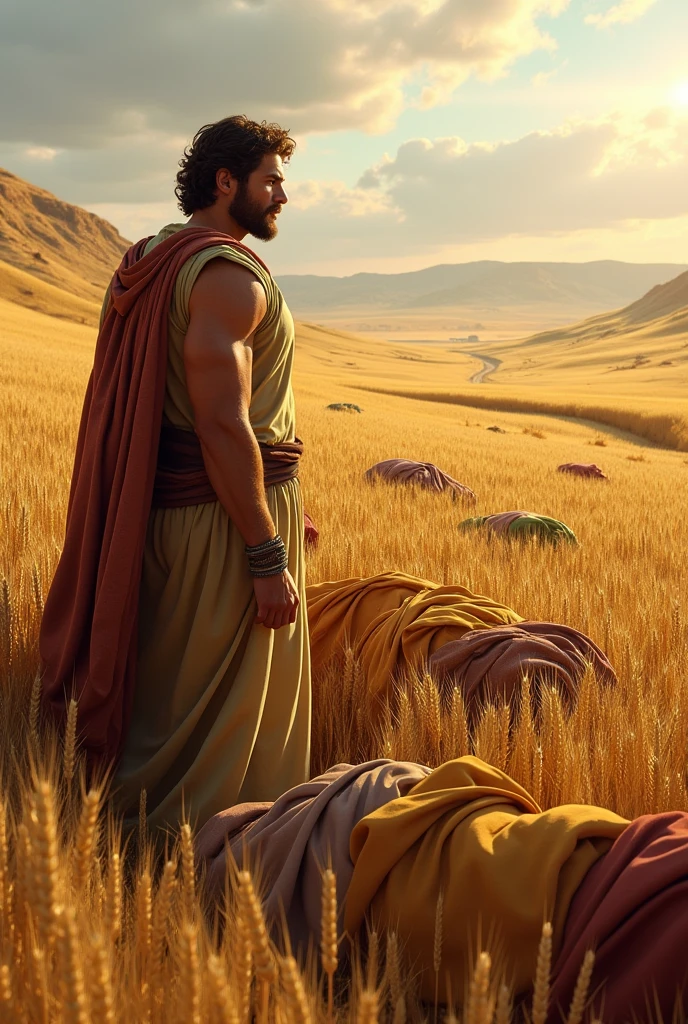 Generate a realistic image according to the Bible of Boaz looking at a wheat field covered with clothing according to the time, the young and handsome