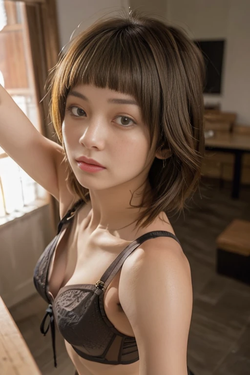 nsfw, (wearing Bra top, panties:1.4),bra top:red, (selfie shot:2), 1girl, {breast focus:1.6}, close up breasts, cleavage, close-up, collarbone, denim, jewelry, large breasts, navel, solo,(from above),(small breasts:1.3), Top quality, 1 beautiful Japanese woman, ,high school student,(1),bob cut, (brown hair:1.2), Ultra-realistic capture, Highly detailed, High resolution 16k close-up of human skin. Skin texture must be natural, With such detail that pores can be finely identified. Skin should look healthy, In a uniform tone. Use natural light and color,wearing tight shirt, she is wearing a black tank top, tight shirt, wearing a designer top, revealing clothes, sexy dress, cute girl wearing tank suit, shoulders can be seen, looking her shoulder
