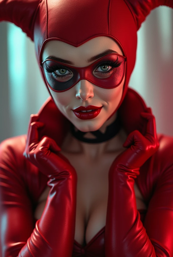 Create an image ,of a very attractive lady, with her flirtatious face, with a tight red suit with a mask, very similar to Harley Quinn in comic form