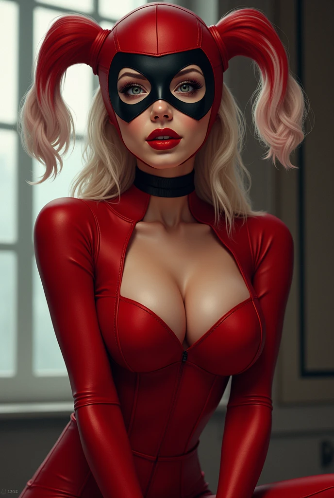 Create an image ,of a very attractive lady, with her flirtatious face, with a tight red suit with a mask, very similar to Harley Quinn in comic form 