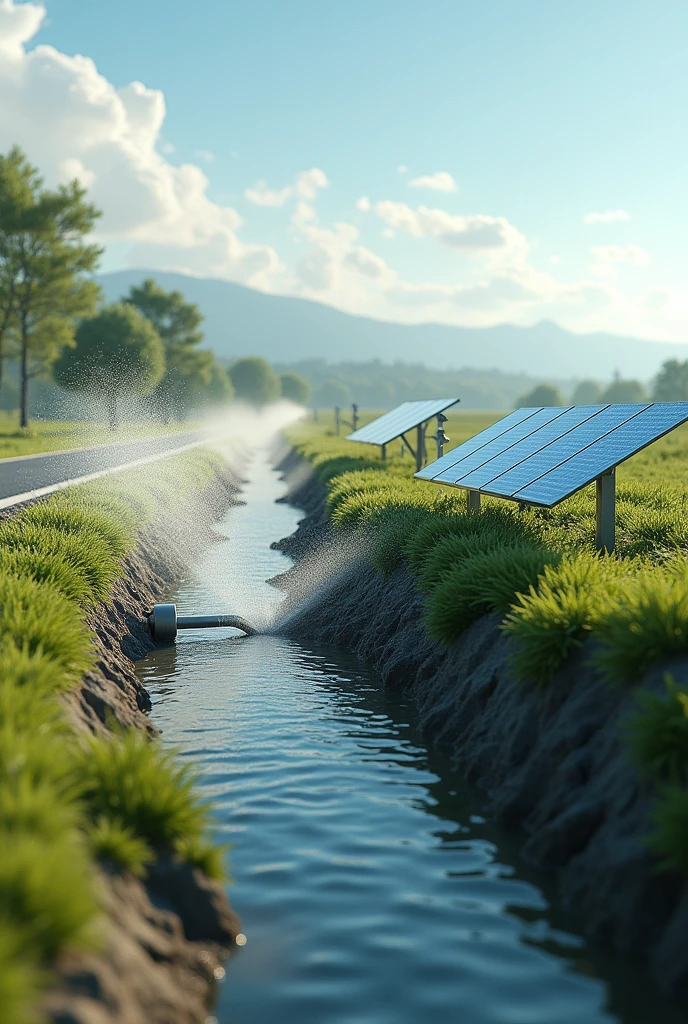 replace this water with a powder released by an irrigator, on the side of a road, connect it to a submerged reservoir in the ground and connected to solar panels