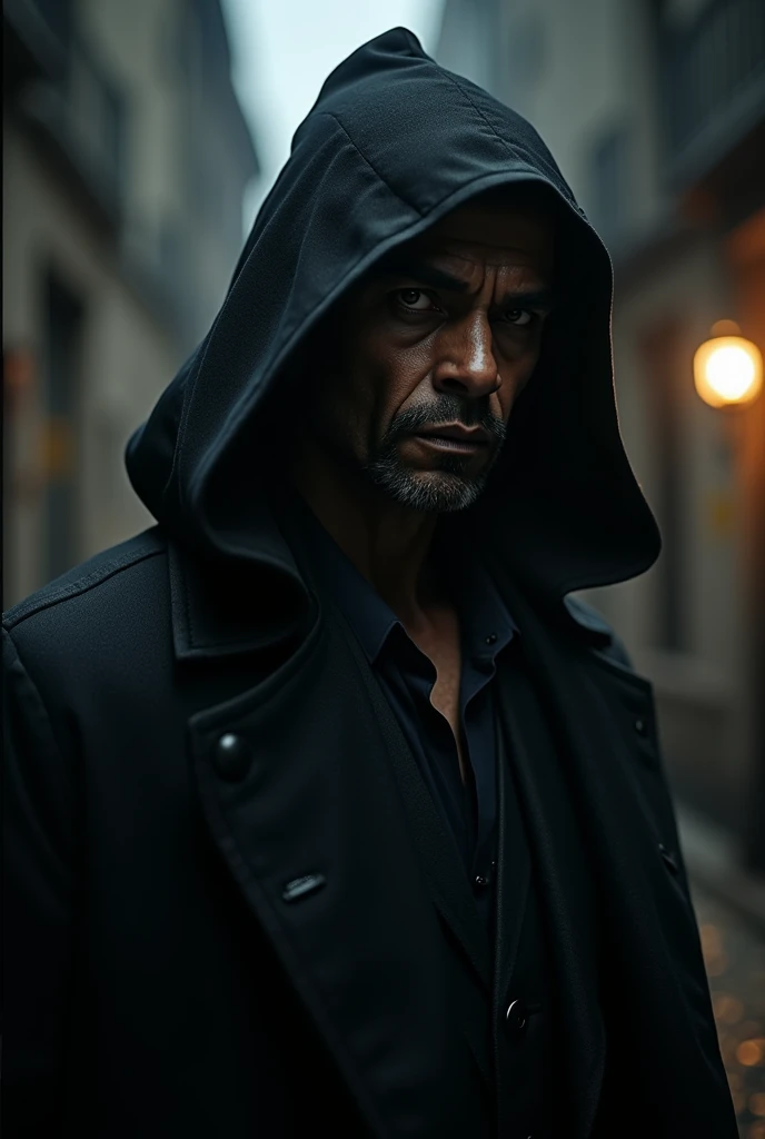 avatar. Profile, Terror, Suit, chic,  from sideways, mascara, hooded cloak, storyteller, grizzled, [ charachter, homem de Suit, front-facing, [perfil], ( home negro), Profile, (etinia,black), [black male], Homen black. 