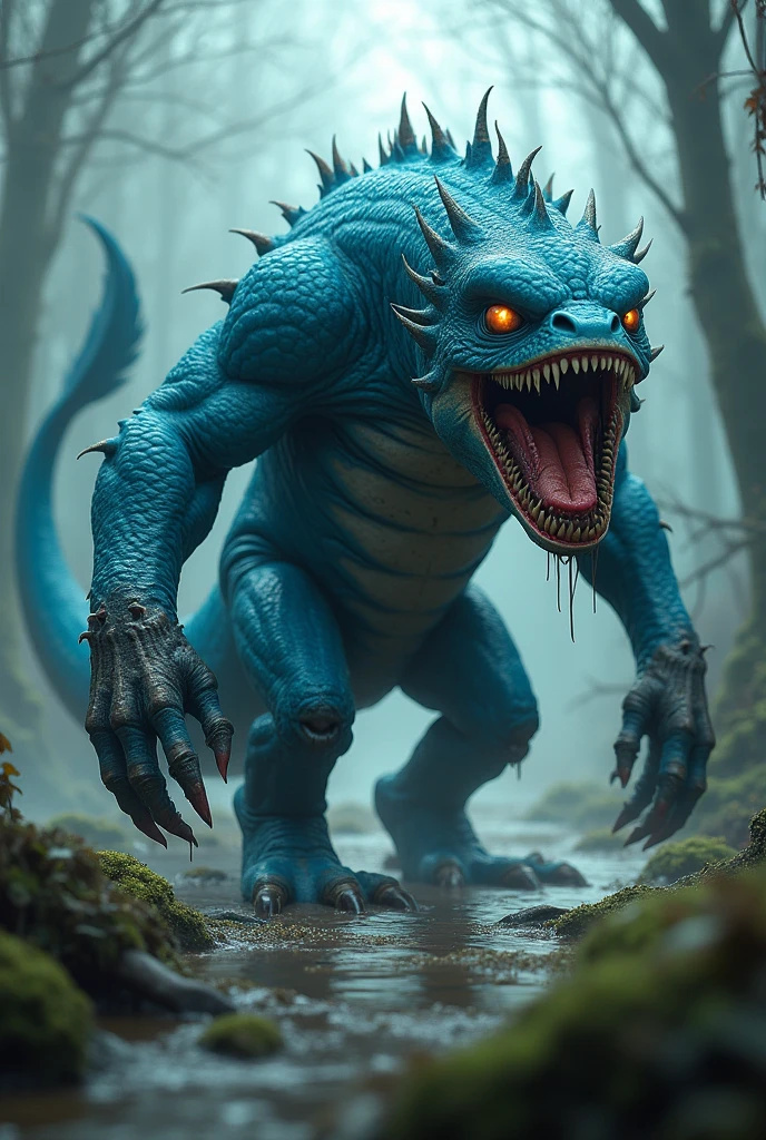 Its exterior is covered in bright blue fur.,Long tail,A fish walking through a muddy area, Scary fish, Terrifying sea monster, Terrifying creatures, Swamp monster, realistic creature concept, Aquatic organisms, Murloc, Evil among monsters,