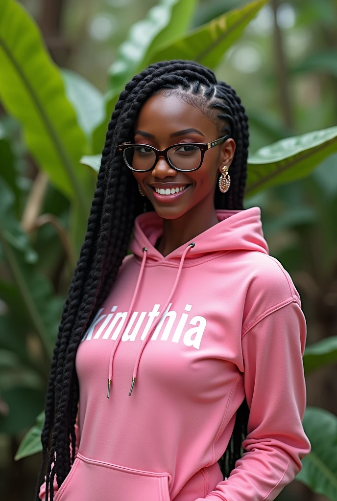 (photorealism:1.2), beautiful black African woman,22 years,sharp boobs, smiling,wearing a fitting pink hoodie written "Kinuthia",long braids, black  oversized photo chromatic glasses, standing , realistic intricate details,plants in background.Cardi B inspiration 