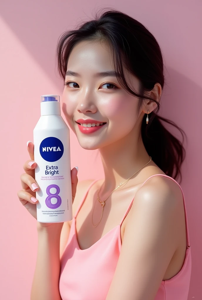 Draw me a beautiful Vietnamese girl holding Nivia extra bright body lotion with purple number 8 for review
