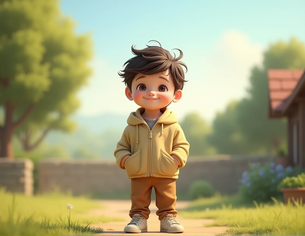 very realistic image, a scene that shows that it is in the afternoon, with a very realistic child saying good afternoon.