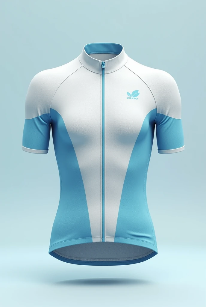 Design a cycling jersey with white and light blue colors, The image must contain the front and back view of the jersey