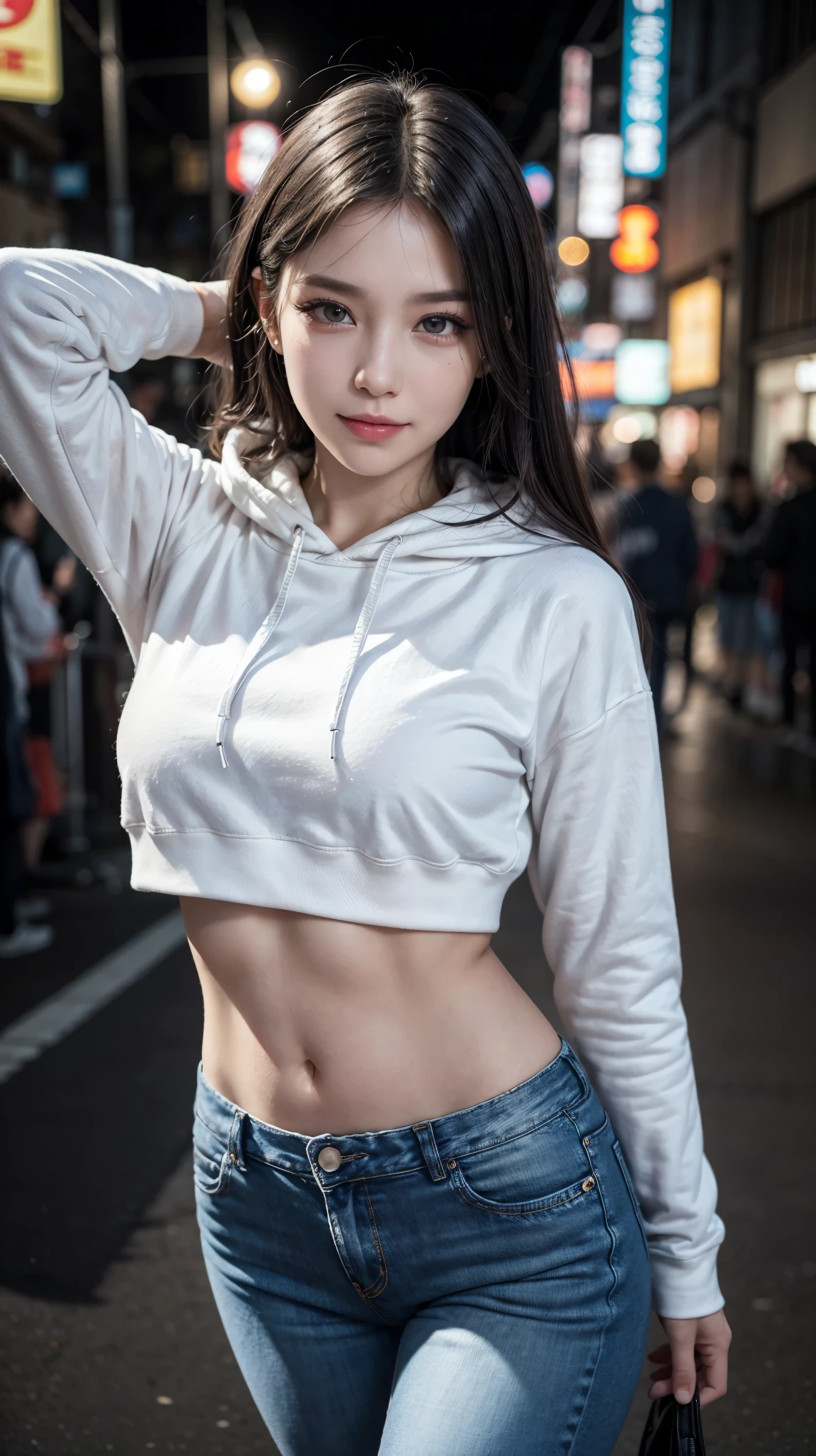 masterpiece: 1.25, best quality, high resolution:1.35, RAW photos:1.2, realistic:1.37, surreal, 16,000, Original illustration, ((1 woman)), Cute face, (long eyelashes, Detailed eyelashes), (eye shadow), (shining eyes, realistic eyes), (natural makeup, distinct facial features), (attractive build, slim body), Detailed and beautiful eyes: 1.2, happy expression, Best Face, fleshy thighs, shiny skin, dynamic pose, enlargement, cowboy shot, (crop hoodie), long black jeans, show armpits, cup, photon mapping, professional lighting, Symmetry, Wow, walking on the street, neo tokyo