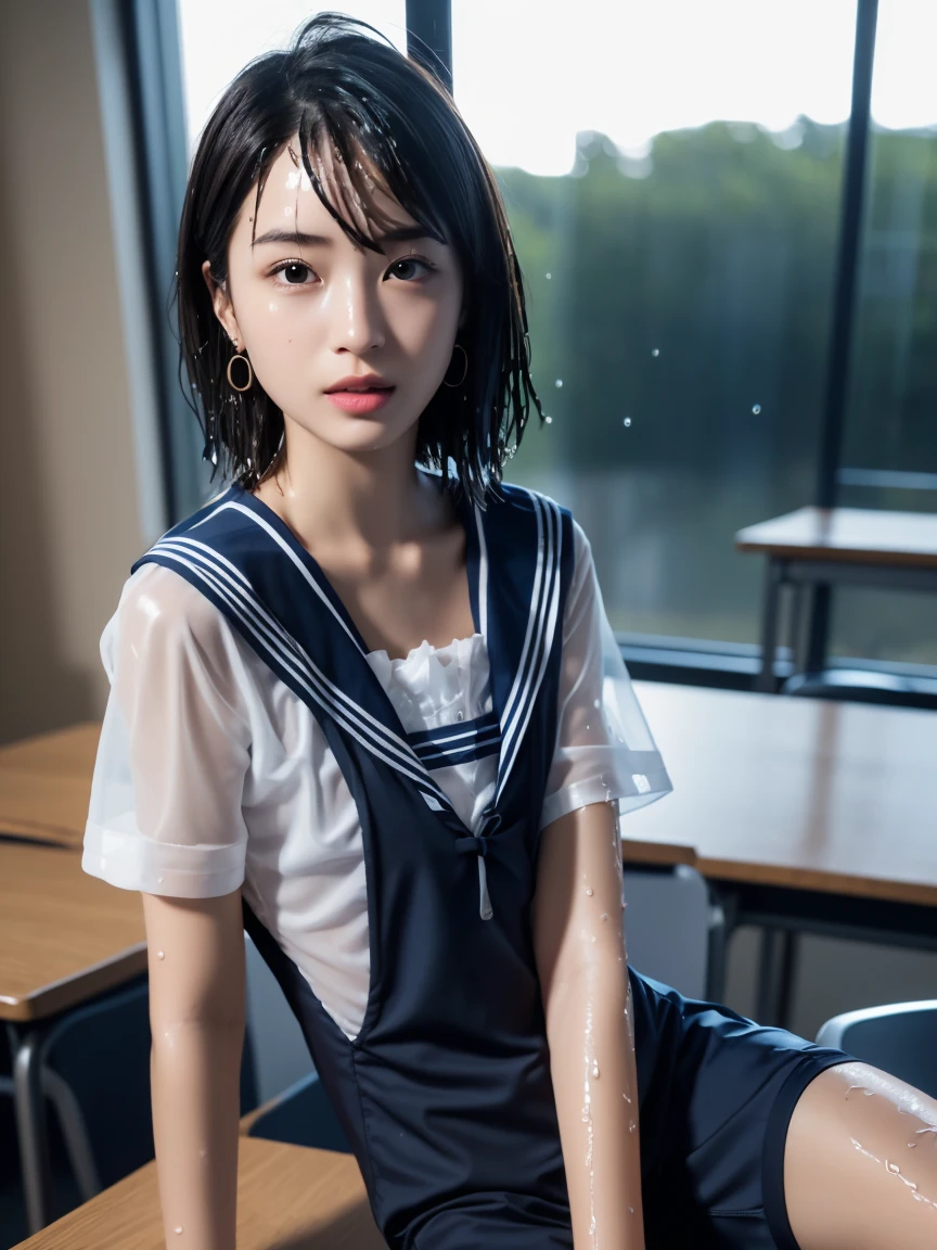 masterpiece:1.2, Very detailed, Ultra-high resolution, Realistic, photo Realistic:1.6, High-resolution RAW color photos, Professional photos, Sharp focus:1.2, Very detailed顔と肌の質感, Very beautiful eyes, Glossのある肌, Glowing Skin, Glowing Skin, Shining Face, Gloss, Oily skin, greasy face, Oily skin, greasy face,, real Glossのある肌 texture, Perfect Anatomy, Very detailed背景,(High school classroom at night),1 female,25-year-old woman, Japanese women,height: 168cm,short hair, Straight hair, bangs, Brown Hair,((Flat Chest:1.6)),Slender legs, (A formal white see-through short-sleeved sailor uniform),((Wet and sheer sailor suit:1.5)),Earrings