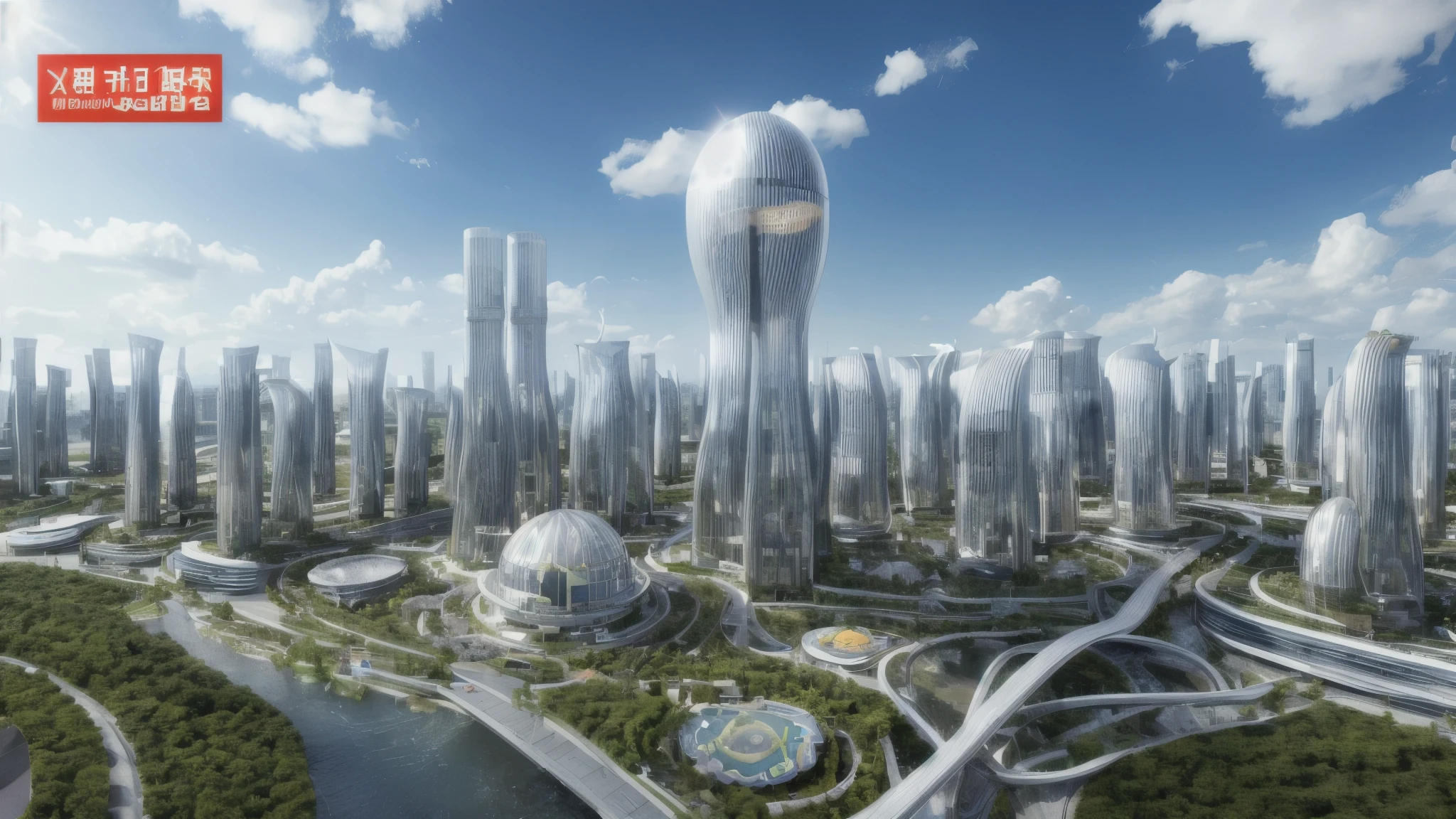 8k、super high quality、masterpiece、Ultra-realistic、A transparent dome city designed for extreme environments。Inside the dome、There is an artificial sun and a controlled climate.、Lush green parks and、Plant factories are expanding。Holographic clouds float in the sky、Energy towers rise above the city。